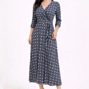 Harlow & Rose Maxi Dress Large Blue Geometric Faux Wrap Boho Travel Jersey mesh